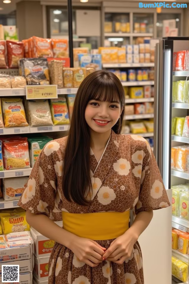 A woman in a kimono standing in front of a refrigerator.